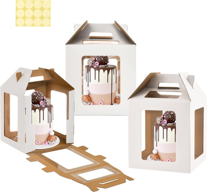 WINHPH Tall Cake Box with Windows, 10x10x10 inches, Handle, Transport Container for Tiered Cakes, White, 3 Pack - Image 1